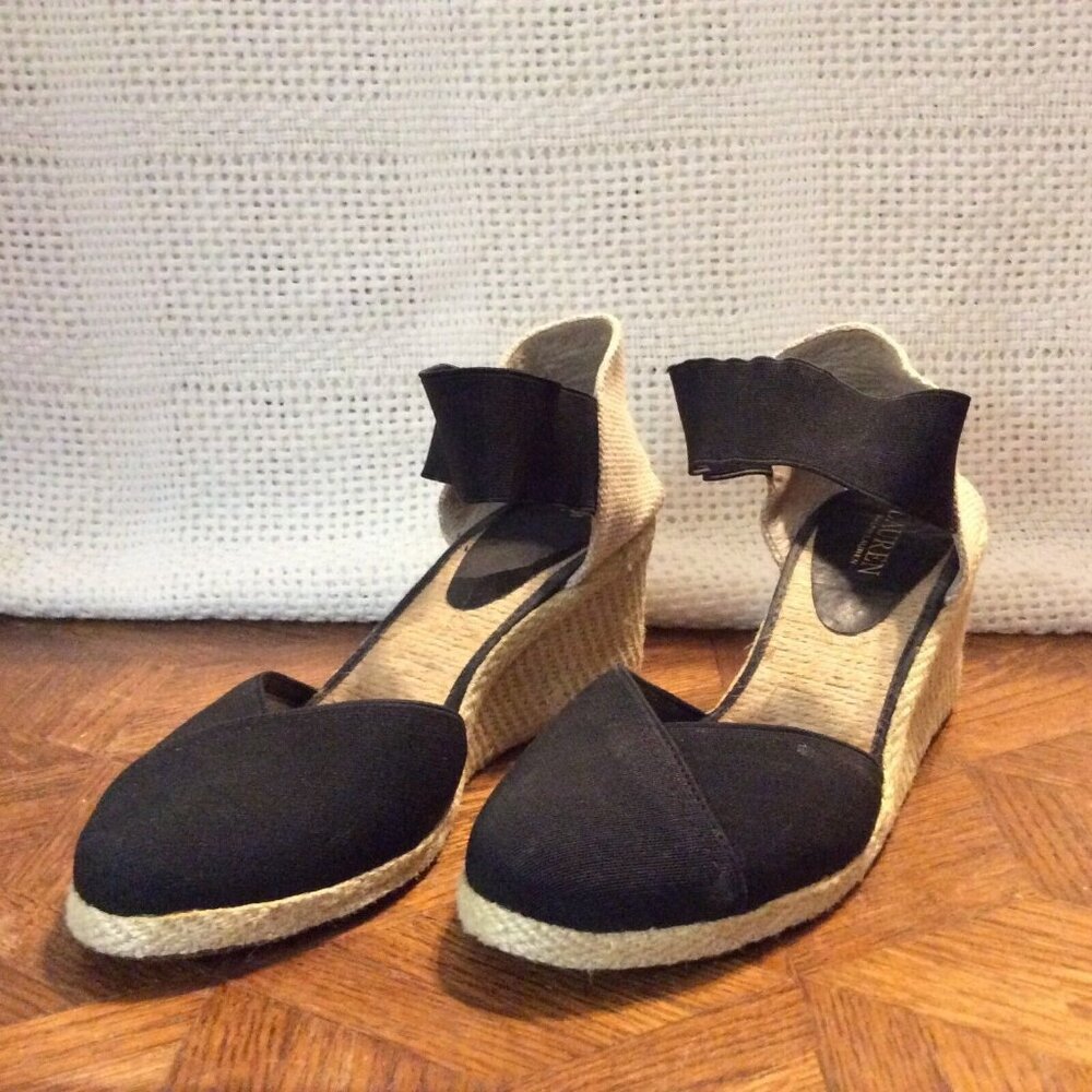 Lauren Ralph Lauren Espadrille Sandals Womens 10 Charla Black Wedge Heels